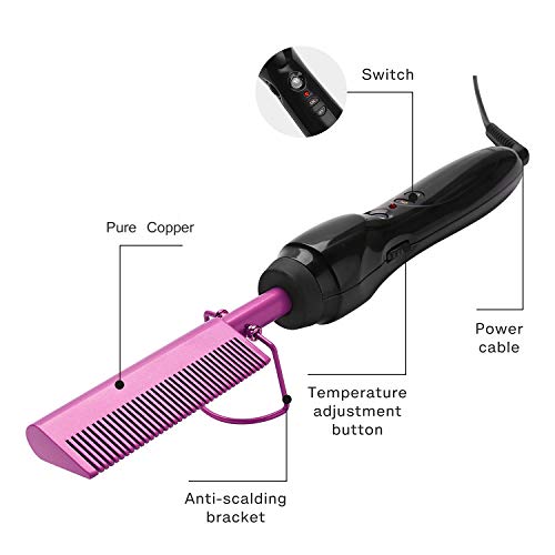 Electric Hot Comb Hair Straightener Heat Pressing Comb Curling Flat Iron Curler Hair Straightener Brush for Natural Black (Violet)