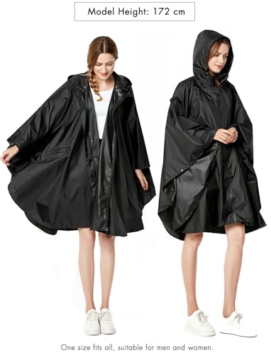 Waterproof Rain Poncho for Women Packable Hooded Raincoat with Pocket (F Black)
