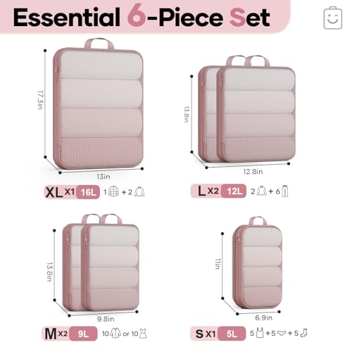 6/9/11 Set Compression Packing Cubes for Travel Essentials,Compressible Expandable Luggage Suitcase Organizer Bags for Clothing,Space Saver Bags with Over 1000 pcs of Mesh Holes(Light Coral) (Light Coral / 6 set)