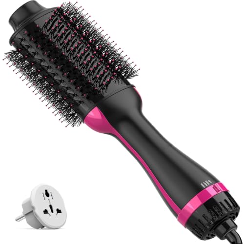 Dual Voltage Hair Dryer Brush for European Travel (Black Red)