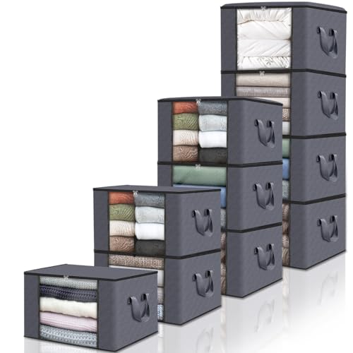 10 Pack Storage Bags for Clothes Blanket Storage Bins with Lids (10 Pack-60l / Grey)
