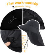 UPF 80+ Sun Hat for Men Women Wide Brim Sun Hat with Neck Flap Summer Beach UV Protection Gardening Fishing Hat (Black)
