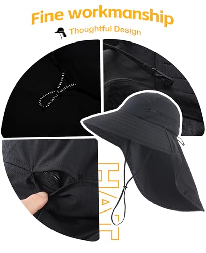 UPF 80+ Sun Hat for Men Women Wide Brim Sun Hat with Neck Flap Summer Beach UV Protection Gardening Fishing Hat (Black)