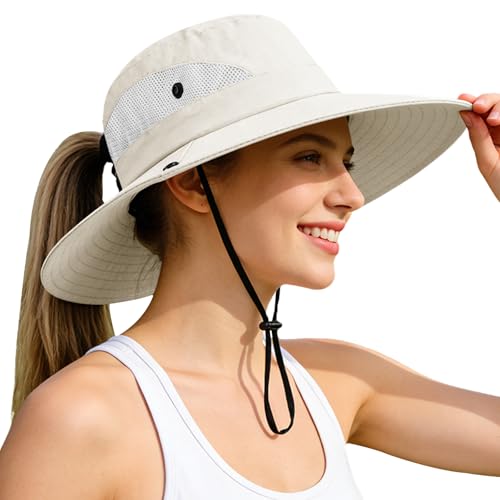 Ponytail Sun Bucket Hats for Women UV Protection Foldable Wide Brim (1 Pack-pure-beige)