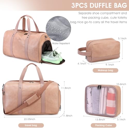 3PCS Faux Leather Weekender Bag for Women Men Travel Bag Overnight Bags (Pink)