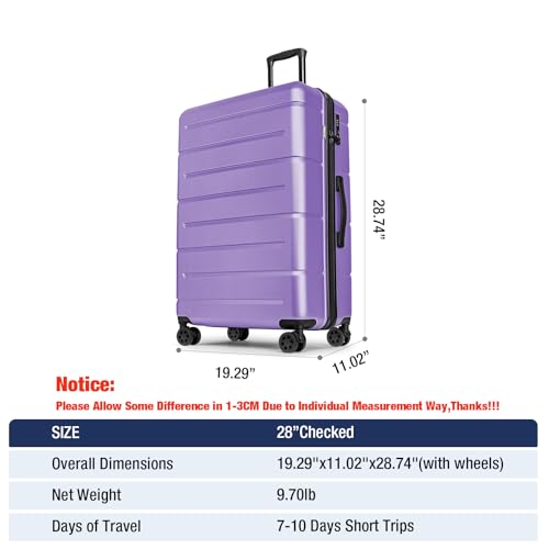 Large Suitcases with Wheels Hardshell 28 Inch Luggage TSA Approved Big Checked Luggage Durable Travel Rolling Suitcase for Women Lt Purple (Lt Purple / Checked-Large 28-Inch)