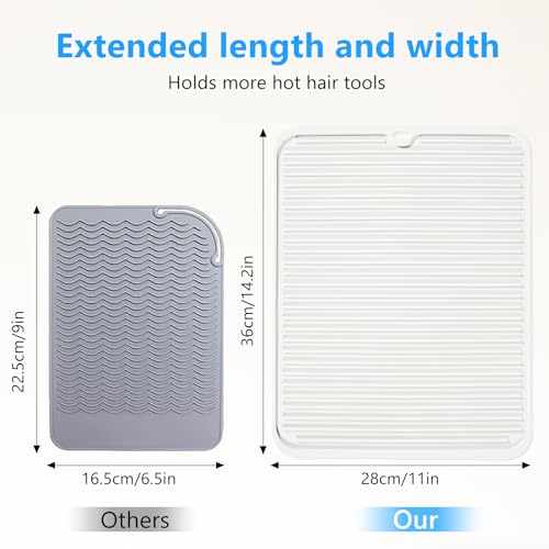 Heat Resistant Mat Large Silicone Hot Hair Tools Mat for Curling Irons Flat Iron Hair Straightener Vanity Mat Portable Hair Styling Tools Hot Pad 14.2"*11" (Off White)