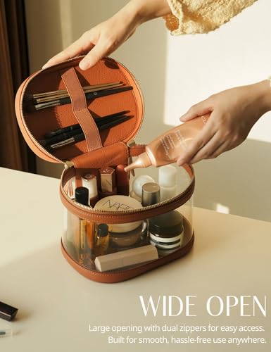 Travel Makeup Case Clear Vanity Bag with Brush Holder (Brown / Train Case)