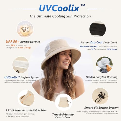 UVCoolix UPF 50+ Wide Brim Ponytail Sun Hat (Large-X-Large / Beige)