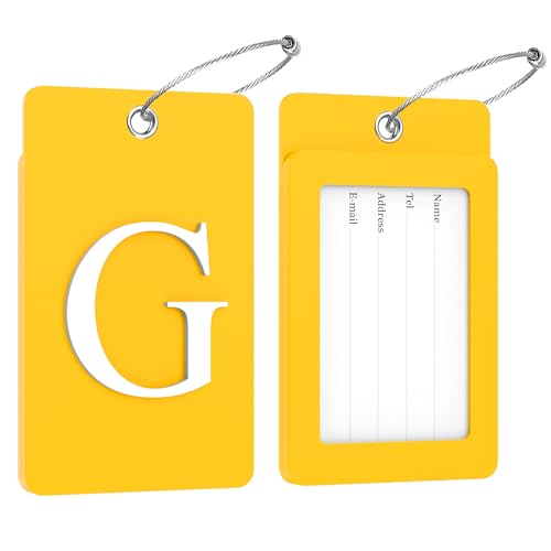 2 Pack Initial Luggage Tags for Suitcases Airplane Travel Essentials (Large G / Yellow)
