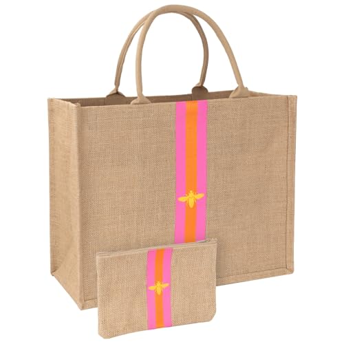 Large Beach Bag Jute Woven Pink and Orange. Pool and beach bags for women (Pink and Orange)