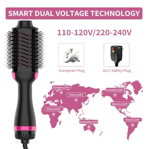 Dual Voltage Hair Dryer Brush for European Travel (Black Red)