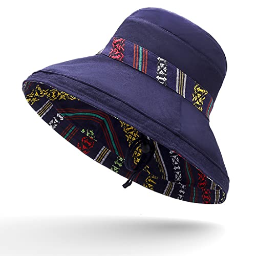 Women Summer Wide Brim Sun Hat Bucket Fishing Hats UV Protection (Medium / Qf001-navy)