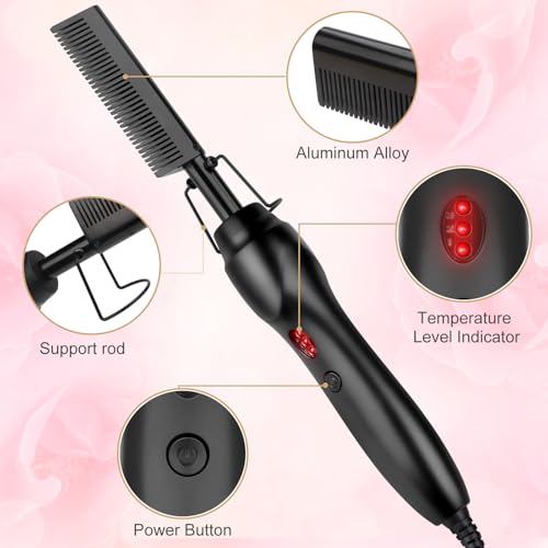 Electric Hot Comb Hair Straightener Heat Pressing Comb Curling Flat Iron Curler Hair Straightener Brush for Natural Black (Black-3-gear)