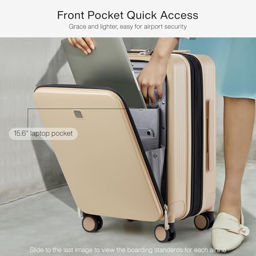 Grace Carry On Luggage with Wheels Airline Approved Hard Shell Suitcases with Front Pocket (Cuban Sand / 20 Inch-2)