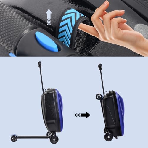 2-in-1 Ride-On Scooter Suitcase, 20” Foldable Hardshell Carry-On Luggage for Travel, Lightweight Kids Scooter Bag with Wheels (Dark Blue)