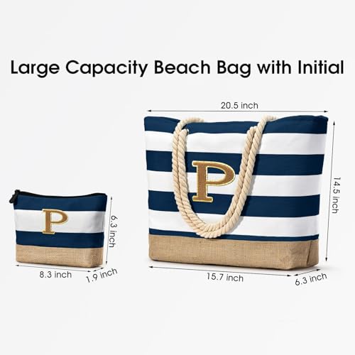 Beach Bag Initial Beach Tote with Makeup Bag for Travel (Dark Blue 2 Pcs)
