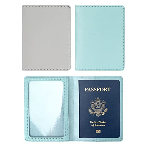2 Pack Passport covers and Vaccine Card Holder PU Leather Passport Wallet Vaccine Case Protector Slot Travel Passport Wallets for Women & Men (Grey & Light Blue)