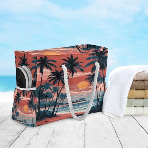 Large Beach Bags Totes Canvas Tote Shoulder Bag Soft Wave Water Resistant Bags for Gym Travel Daily Ocean (Palm Trees Sunset)