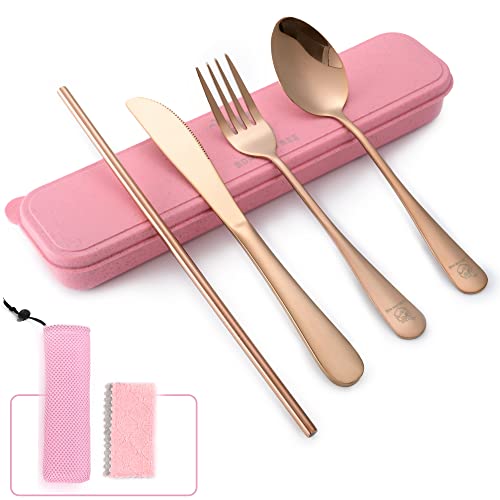 Travel Utensils Set Stainless Steel with Carrying Case (Rose Gold)
