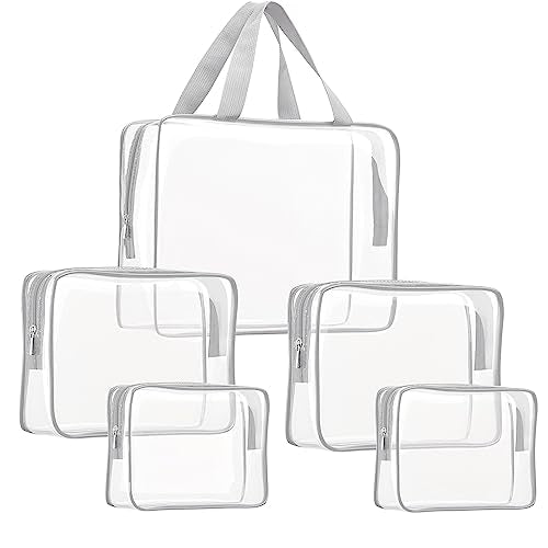 5Pcs Crystal Clear PVC Travel Toiletry Bag Kit for Women Men (5pcs Gray / 1 Large, 2 Medium, 2 Small)