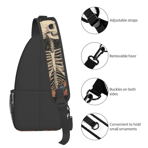 Sling Bag Skeleton Flower Skull Vintage Hiking Daypack Crossbody Shoulder Backpack Travel Chest Pack for Men Women (B0155)