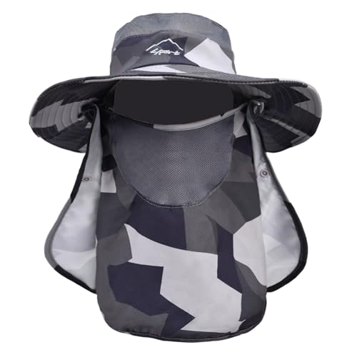 Sun Hats for Men Women Fishing Hat UPF 50+ Breathable Wide Brim Summer UV Protection Hat with Face Cover & Neck Flap (Camo Dark Grey(with Face Cover & Neck Flap ))
