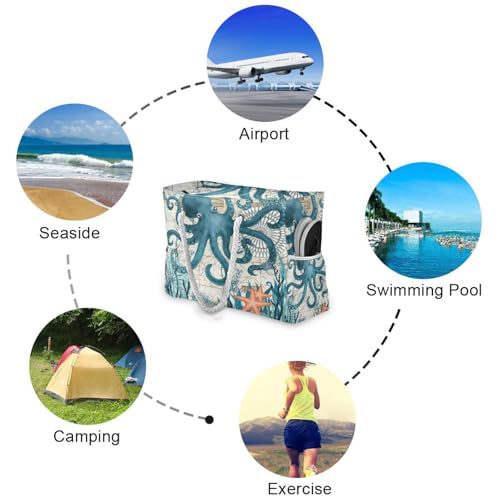 Large Beach Bags Totes Canvas Tote Shoulder Bag Soft Wave Water Resistant Bags for Gym Travel Daily Ocean (Ocean Octopus Vintage)