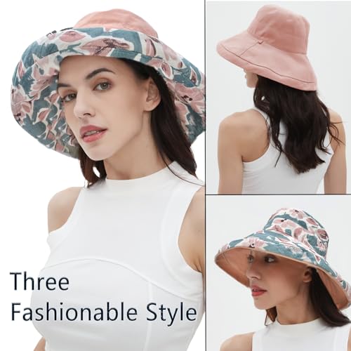 Womens Sun Hats Wide Brim Reversible Bucket Cotton Hat Packable Summer Travel Cap with Hat Clip (Medium / Pink)