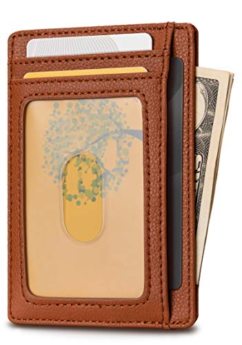Slim Minimalist Front Pocket RFID Blocking Leather Wallets for Men and Women (Small / Lichee Light Brown)