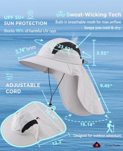 UPF 50+ Wide Brim Bucket Sun Hat with Neck Flap for Men Women UV Protection for Fishing Gardening Hiking Beach Safari Light Grey (Light Grey)