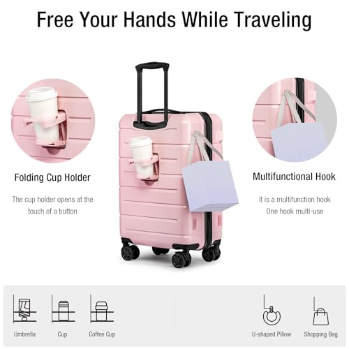 Carry On Luggage 22x14x9 Airline Approved Hardshell Carry On Suitcases with Wheels Travel Rolling 20 Inch Luggage with Cup Holder for Women (Light Pink / Carry-On 22-Inch（non-expandable）)