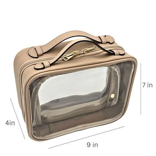 Clear Makeup Bag Toiletry Bag for Women Cosmetic Case Large Capacity Travel Make Up Bag Organizer Transparent Storage Compartment TSA Approved (BEIGE)