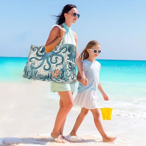 Large Beach Bags Totes Canvas Tote Shoulder Bag Soft Wave Water Resistant Bags for Gym Travel Daily Ocean (Ocean Octopus Vintage)