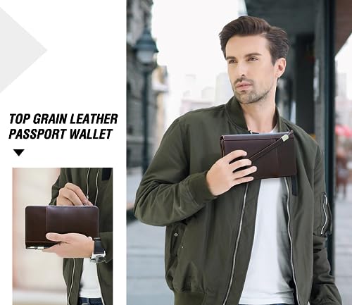 Top Grain Leather Travel Passport Wallet Holder for Man & Woman (For 4 Passports-Zipper Style / Classic-Glossy Coffee)