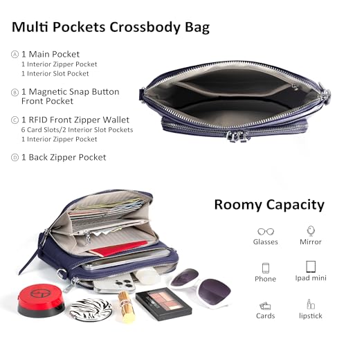 Genuine Leather Crossbody Bags for Women Travel Wallet Purse Navy (Navy Blue)