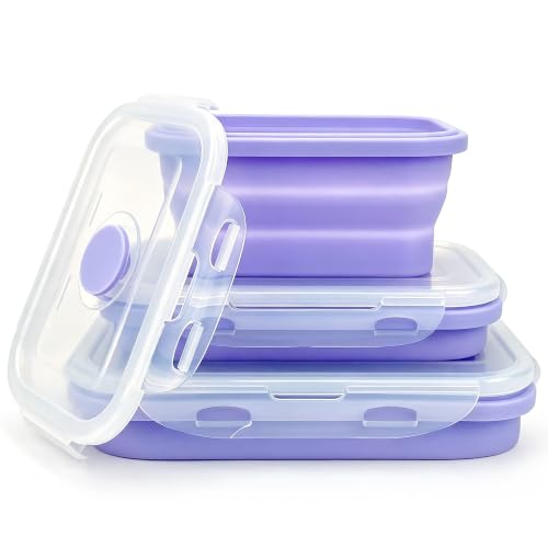 Purple Collapsible Meal Prep Containers Camping Bowls Silicone Bento Box with Airtight Plastic Lid (Purple / 350ml, 500ml, 800ml set)