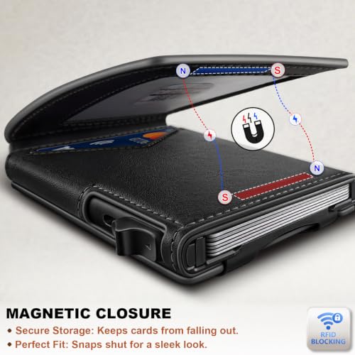 Men Slim Magnetic Leather Airtag Wallet Metal Case Money Clip (Black8797)