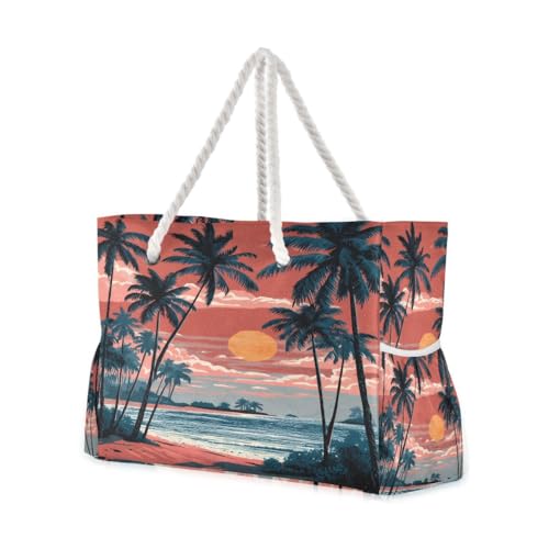 Large Beach Bags Totes Canvas Tote Shoulder Bag Soft Wave Water Resistant Bags for Gym Travel Daily Ocean (Palm Trees Sunset)