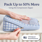 Compression Packing Cubes for Women (1. Blue Gingham / Deluxe Set (4 Cubes + Toiletry & Laundry Bags))