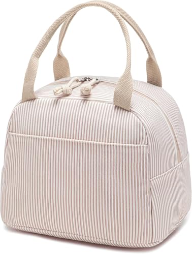 Lunch Bag for Women Men Cute Corduroy Lunch Tote Bags Reusable Insulated Lunch Box Large Capacity Reusable Insulated Cooler for Work Picnic or Travel (Corduroy Khaki-white stripes / 10L)