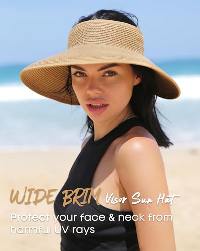 Womens Sun Hat with Ponytail Hole Wide Brim Beach Straw Visor Khaki (Medium / Khaki)