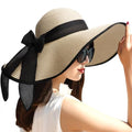 Womens Bowknot Straw Hat Foldable Beach Sun Hat Roll up UPF 51+ (Big Bow / Beige 5.9" Brim a)