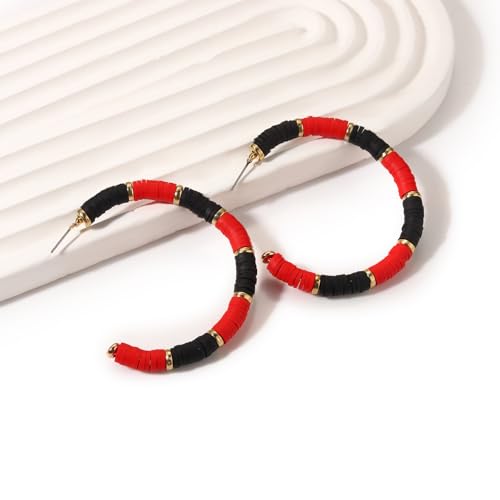 Game Day Earrings Football Baseball Earrings for Women Sports Team Heishi Hoop Earring Football Accessories Outfits Cheer Mom Essentials Fall Sports Must Haves Cheer Gifts (Red Black)