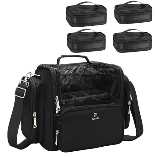 Makeup Brush Bag Extra Large Makeup Brush Case with 4 small bags Professional Makeup Artist Brush Holder Stand Up Organizer for Travel with Adjustable Dividers and Shoulder Strap (Black with 4 Makeup Bags)