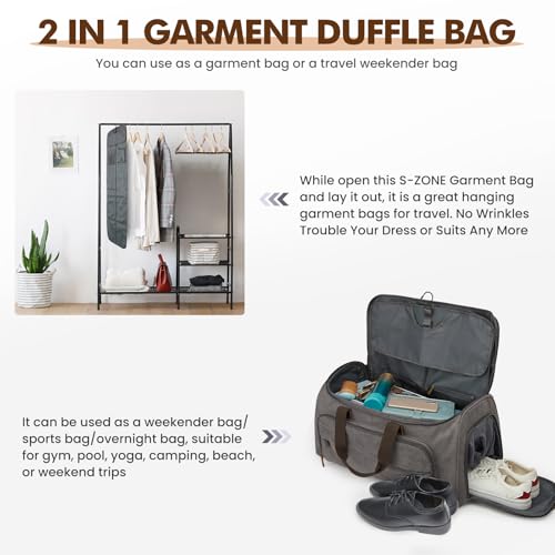 Carry On Garment Bag for Travel Convertible Garment Duffle Bag Suit Bags for Men Women Travel 2 in 1 Hanging Suitcase Business Travel Bag with Toiletry Bag (50l / Grey)