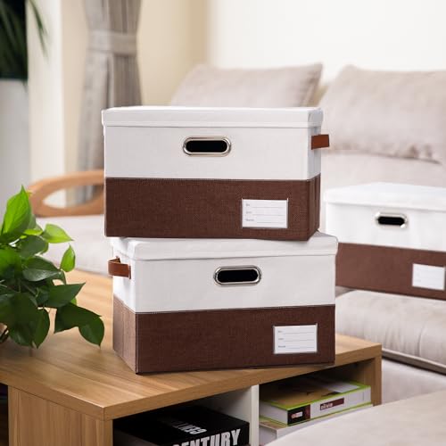 Foldable Storage Bins with Lids [3 (Brown & White / L(3-Pack))