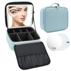 Travel Makeup Bag with LED Mirror and 10x magnifying glass with 3 Lighted Settings (Light Blue / With LED Mirror and 10x Magnifying Glass)