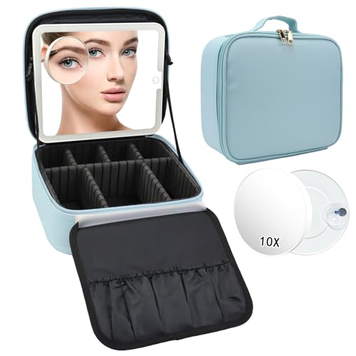 Travel Makeup Bag with LED Mirror and 10x magnifying glass with 3 Lighted Settings (Light Blue / With LED Mirror and 10x Magnifying Glass)