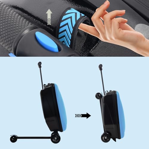 2-in-1 Ride-On Scooter Suitcase for Kids & Adults, 20” Foldable Hardshell Carry-On Luggage for Travel, Lightweight Kids Scooter Bag with Wheels (Blue)